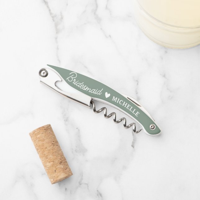 Modern Script Sage Green Bridesmaid Proposal Gift  Waiter's Corkscrew (Front)