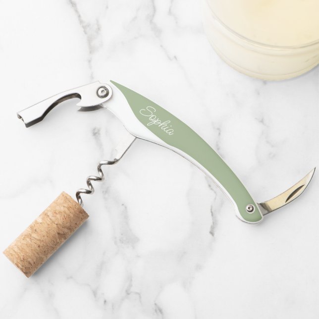 Modern Script Sage Green Bridesmaid Proposal Gift Waiter's Corkscrew (Front)