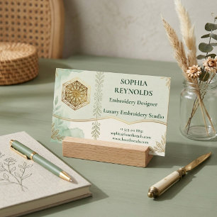Modern Script Sage Green Embroidery Studio Logo Business Card