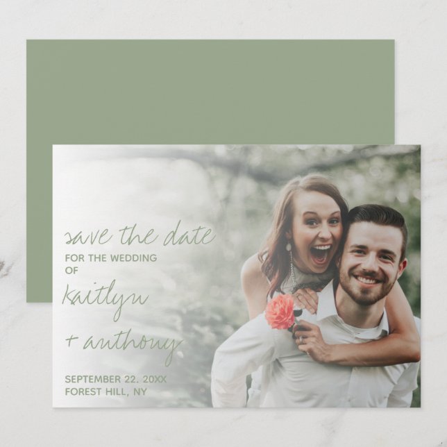 Modern Script Sage Green Minimalistic Photo Save The Date (Front/Back)