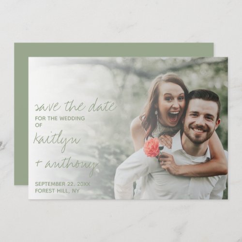 Modern Script Sage Green Minimalistic Photo Save The Date