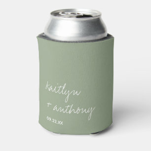 Modern Script Sage Green Minimalistic Wedding Can Cooler