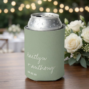 Modern Script Sage Green Minimalistic Wedding Can Cooler