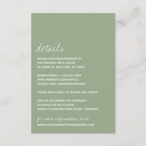 Modern Script Sage Green Minimalistic Wedding Enclosure Card