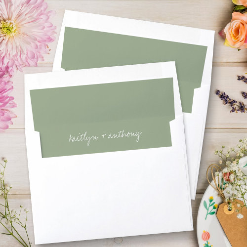 Modern Script Sage Green Minimalistic Wedding Envelope Liner