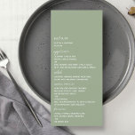 Modern Script Sage Green Minimalistic Wedding Menu<br><div class="desc">Celebrate in style with these modern and very trendy wedding menu cards. This design is easy to personalize with your special event wording and your guests will be thrilled when they see these fabulous menus. Matching items can be found in the collection.</div>