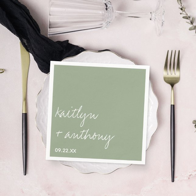 Modern Script Sage Green Minimalistic Wedding Napkins (Creator Uploaded)