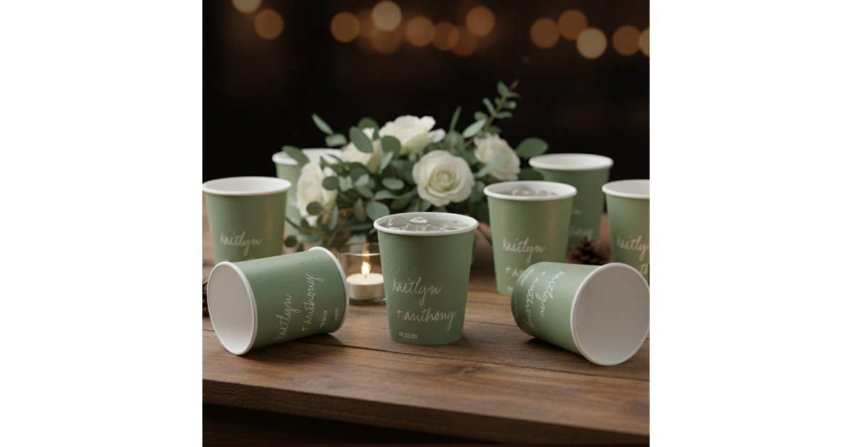 Modern Script Sage Green Minimalistic Wedding Paper Cups | Zazzle