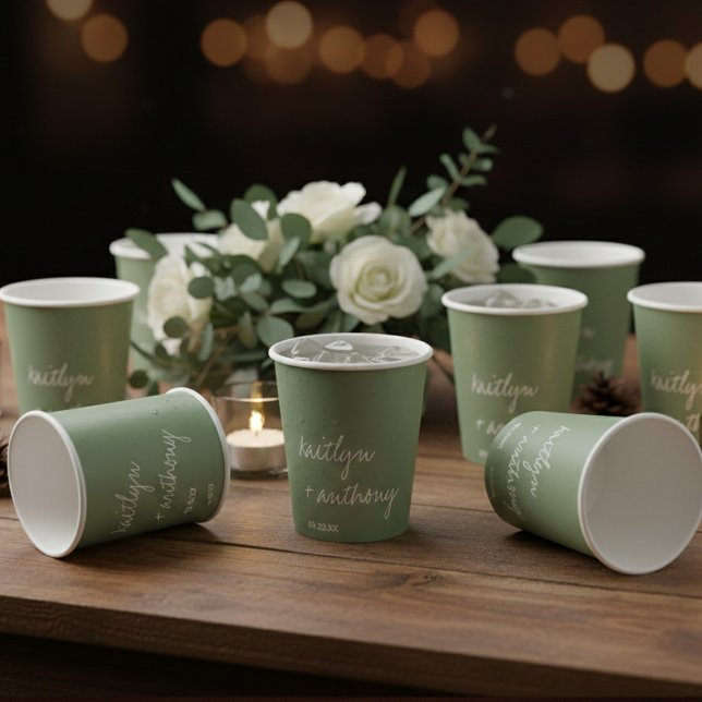 Modern Script Sage Green Minimalistic Wedding Paper Cups (Creator Uploaded)