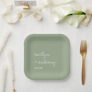 Modern Script Sage Green Minimalistic Wedding Paper Plates