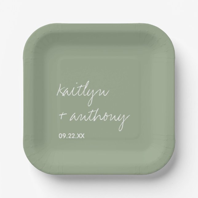 Modern Script Sage Green Minimalistic Wedding Paper Plates (Front)
