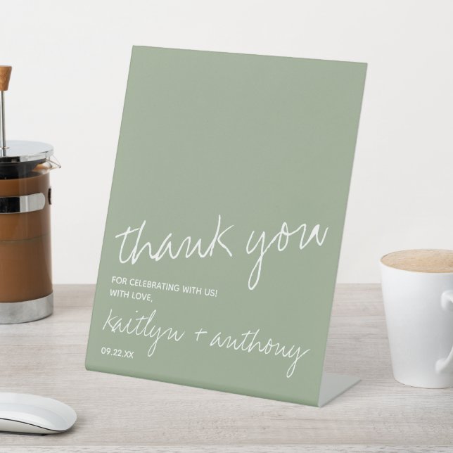 Modern Script Sage Green Minimalistic Wedding Pedestal Sign (In SItu)