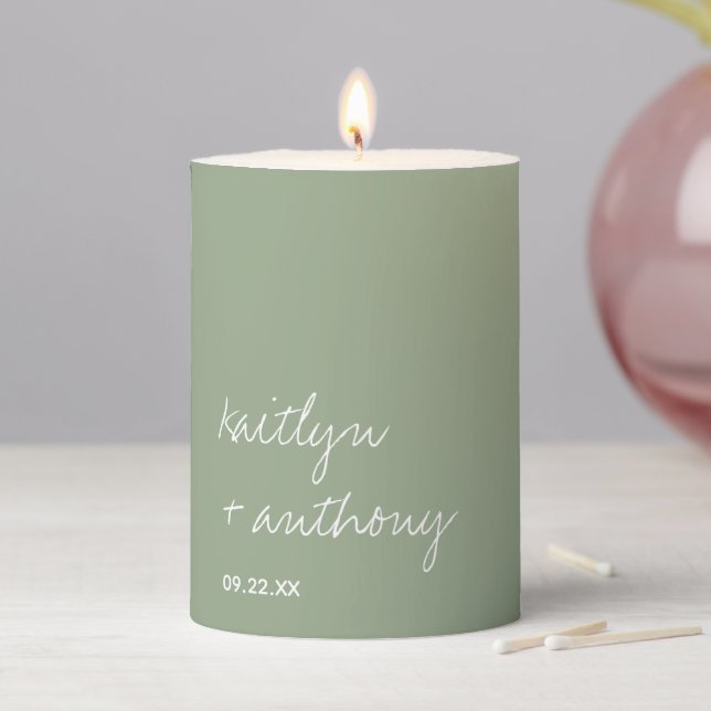 Modern Script Sage Green Minimalistic Wedding Pillar Candle (In Situ)