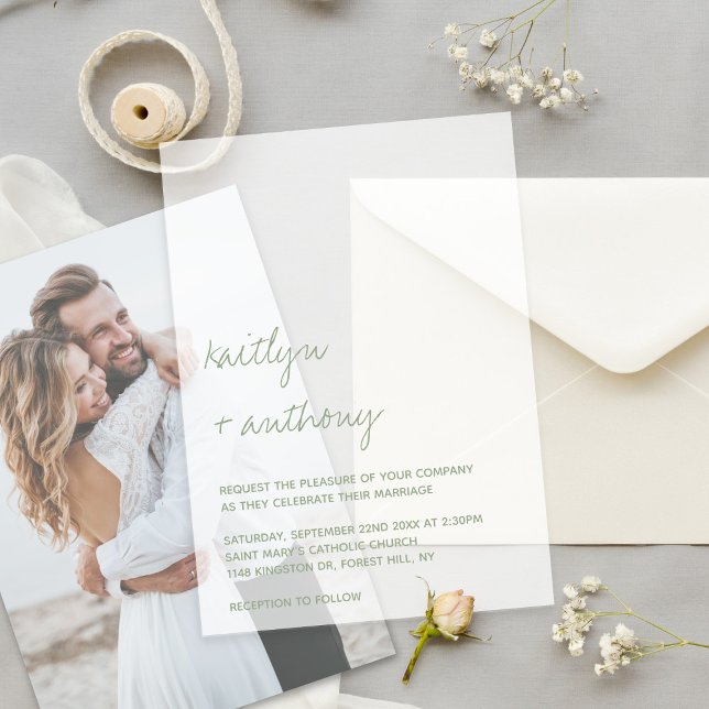 Modern Script Sage Green Minimalistic Wedding Vellum Invitations (Creator Uploaded)