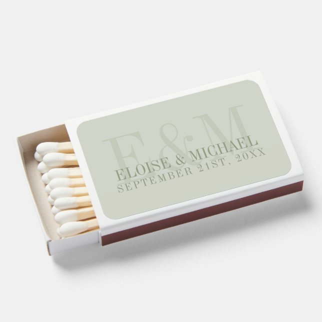 Modern Script Sage Green Monogram Wedding Matchboxes (Front Open)