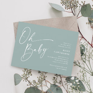 Modern Script Sage Green Oh Baby Shower Invitation