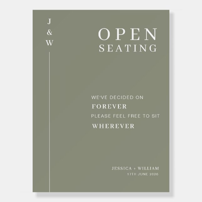 Modern Script Sage Green Open Seating Wedding  Foam Board (Front)