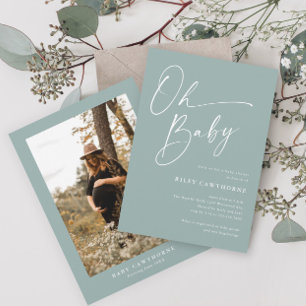 Modern Script Sage Green Photo  Baby Shower Invitation