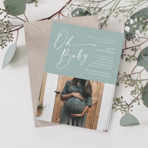 Modern Script Sage Green Photo Baby Shower Invitation