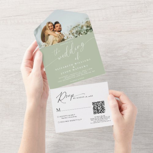 Modern Script Sage Green Photo QR Code Wedding All In One Invitation