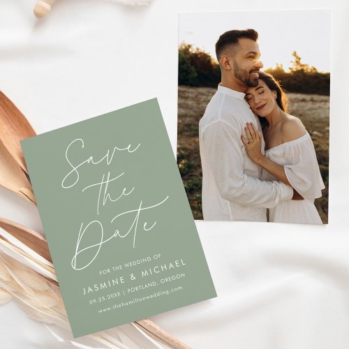 Modern Script Sage Green Photo Save The Date