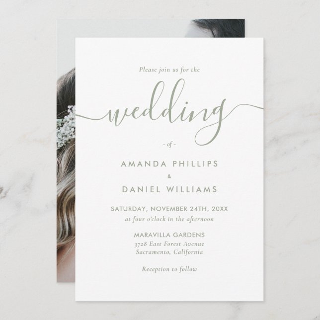 Modern Script Sage Green Photo Wedding Invitation (Front/Back)