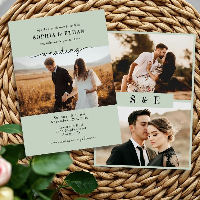 Modern Script Sage green Photo Wedding Invitation (Creator Uploaded)
