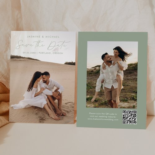 Modern Script Sage Green QR Code 2 Photo Save The Date