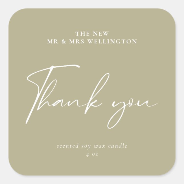Modern Script Sage Green Wedding Favor Candle Square Sticker (Front)