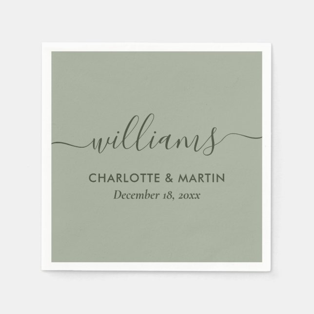 Modern Script Sage Green Wedding Napkins (Front)