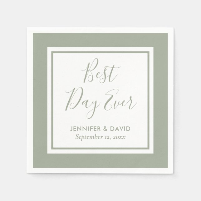 Modern Script Sage Green Wedding Napkins (Front)