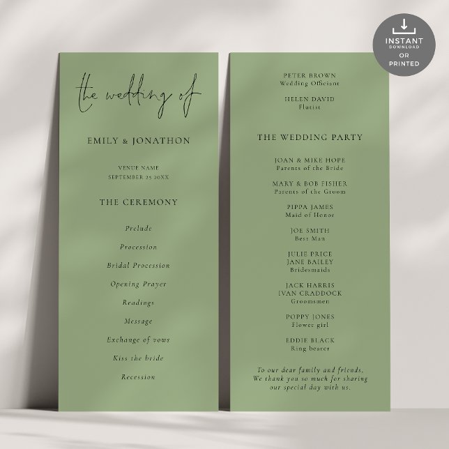 Modern Script Sage Green Wedding Program (Front and back view)