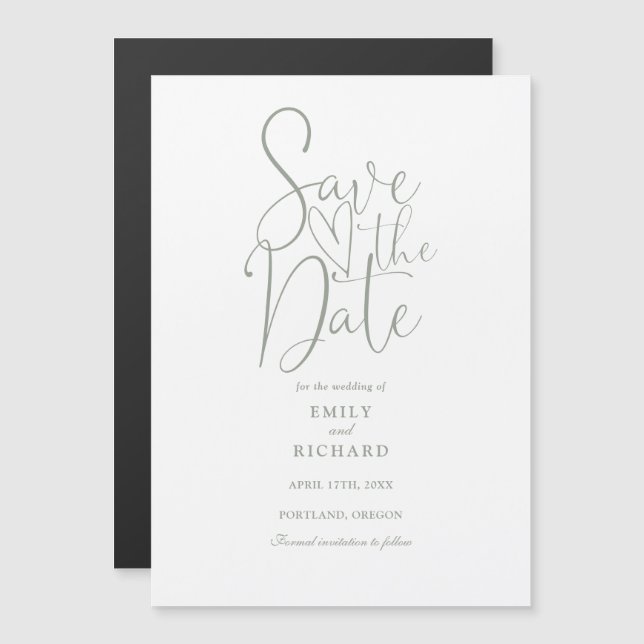 Modern Script Sage Green Wedding Save The Date Magnetic Invitation (Front/Back)
