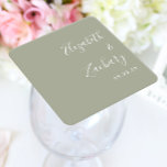 Modern Script Sage Green Wedding Square Paper Coaster<br><div class="desc">These simple,  modern wedding coaster favors feature white text aligned to the right margin on a sage green background. Add the couple's names in stylish handwriting calligraphy.</div>