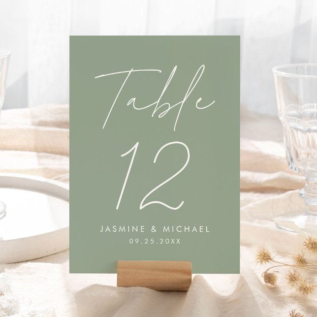 Modern Script Sage Green Wedding Table Number Card (Creator Uploaded)