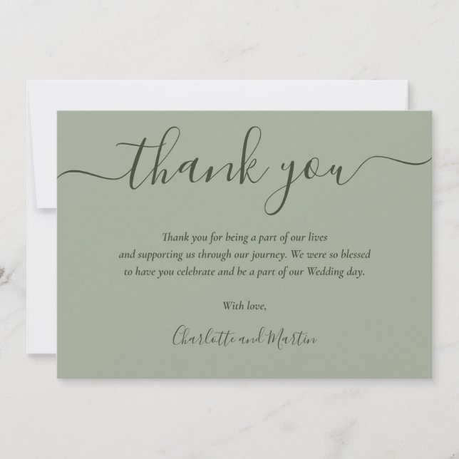Modern Script Sage Green Wedding Thank You Card (Front)