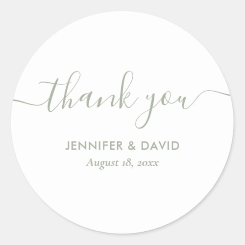 Modern Script Sage Green Wedding Thank You Classic Round Sticker