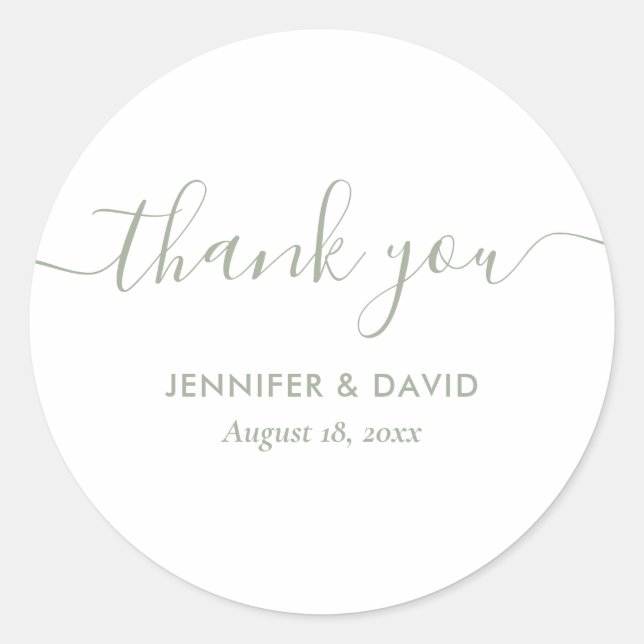 Modern Script Sage Green Wedding Thank You Classic Round Sticker (Front)