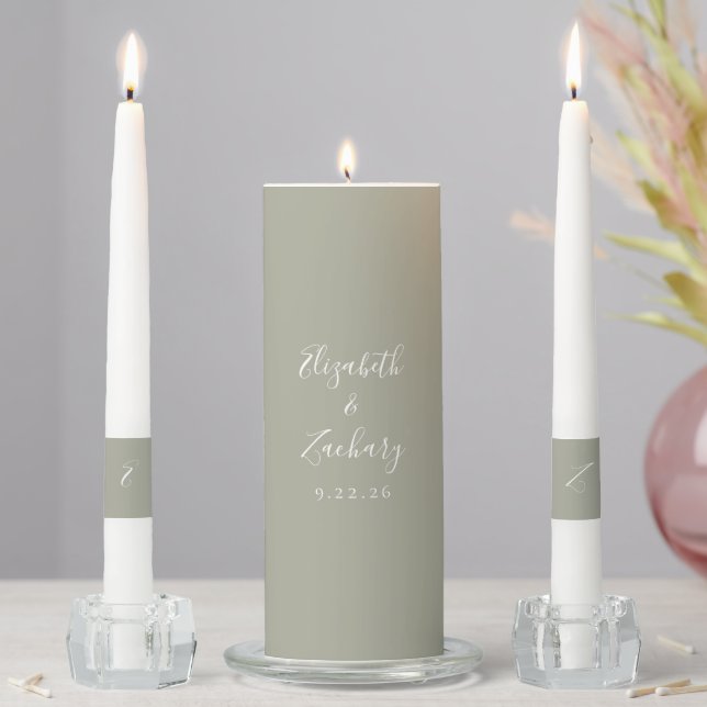 Modern Script Sage Green Wedding Unity Candle Set (In Situ)