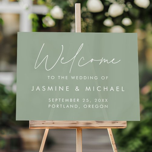 Modern Script Sage Green Wedding Welcome Acrylic Sign