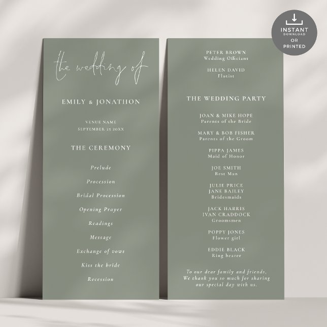 Modern Script Sage Wedding Program (Front and back view)