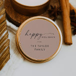 Modern Script | Salmon Happy Holidays Holiday Gift Classic Round Sticker<br><div class="desc">These modern script salmon happy holidays holiday gift stickers are perfect for a minimalist holiday present or holiday card. The simple orange pink design features unique industrial lettering typography with modern boho style. Customizable in any color. Personalize the stickers with your name.</div>