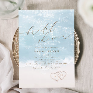 Modern Script Sand Hearts Beach Bridal Shower Invitation