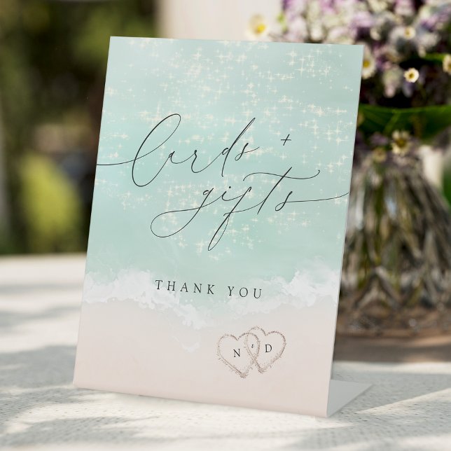 Modern Script Sand Hearts Beach Cards And Gifts Pedestal Sign (Modern Script Sand Hearts Beach Cards And Gifts Pedestal Sign)