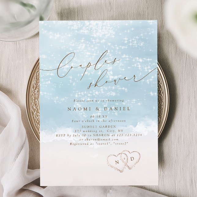 Modern Script Sand Hearts Beach Couples Shower  Invitation (Modern Script Sand Hearts Beach Couples Shower Invitation)