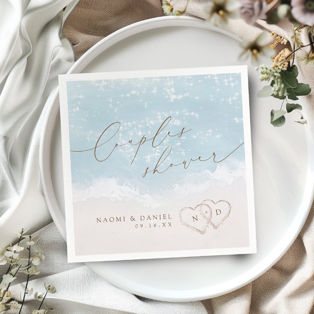 Modern Script Sand Hearts Beach Couples Shower Napkins (Modern Script Sand Hearts Beach Couples Shower Napkins)