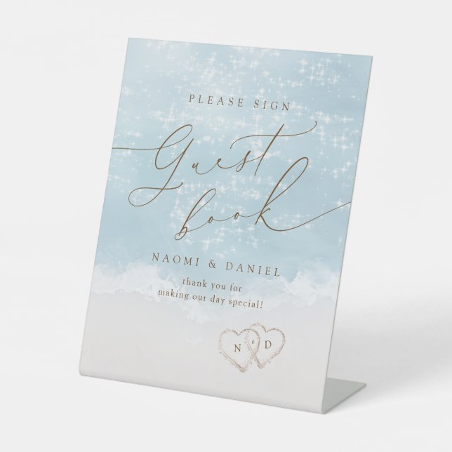 Modern Script Sand Hearts Beach Guest Book Sign (Front)