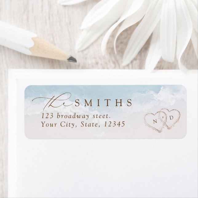 Modern Script Sand Hearts Beach Return Address Label (Insitu)