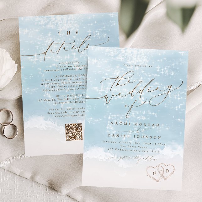 Modern Script Sand Hearts Beach Wedding All In One Invitation (Modern Script Sand Hearts Beach Wedding All In One Invitation)