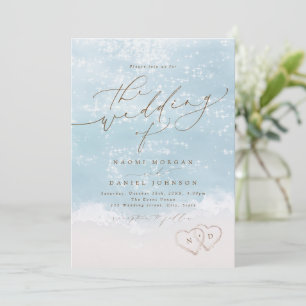 Modern Script Sand Hearts Beach Wedding All In One Invitation